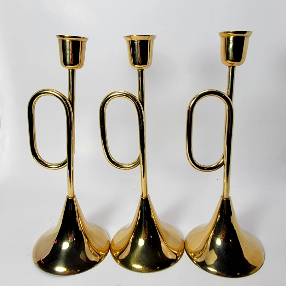Set of 3 Brass Horn Candlesticks MCM Christmas Vtg - Picture 2 of 5